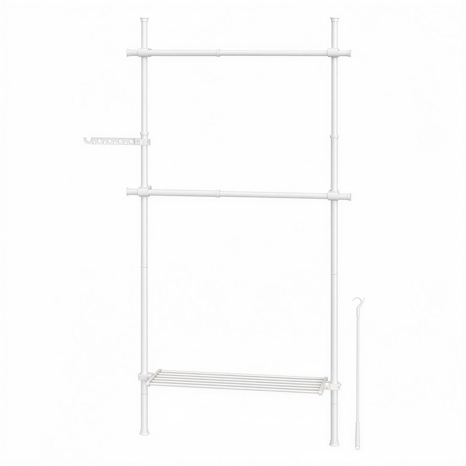 3-stufiger Kleiderständer, höhen- und breitenverstellbar, offene Garderobe mit 2 Kleiderstangen und 1 Ablage 3-stufiger Kleiderständer, höhen- und breitenverstellbar, offene Garderobe mit 2 Kleiderstangen und 1 Ablage