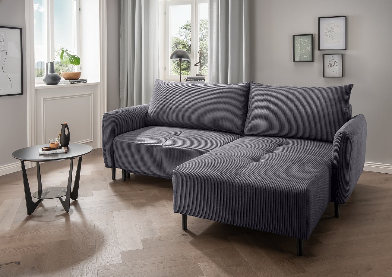 Ecksofa Mara in Cord – Schlaffunktion und Bettkasten – Benformato