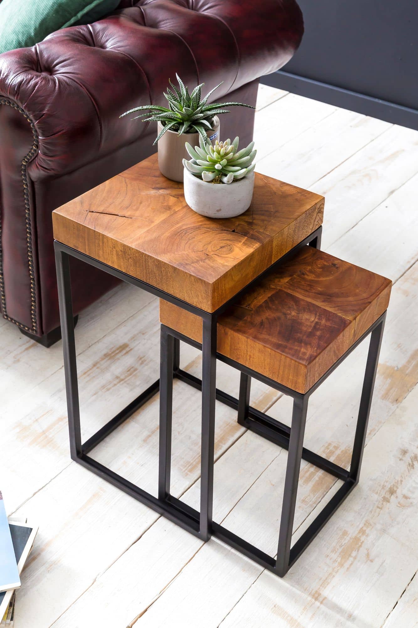 Design Satztisch WL5.660 Sheesham Metall Beistelltisch 2er Set Klein Design Satztisch WL5.660 Sheesham Metall Beistelltisch 2er Set Klein