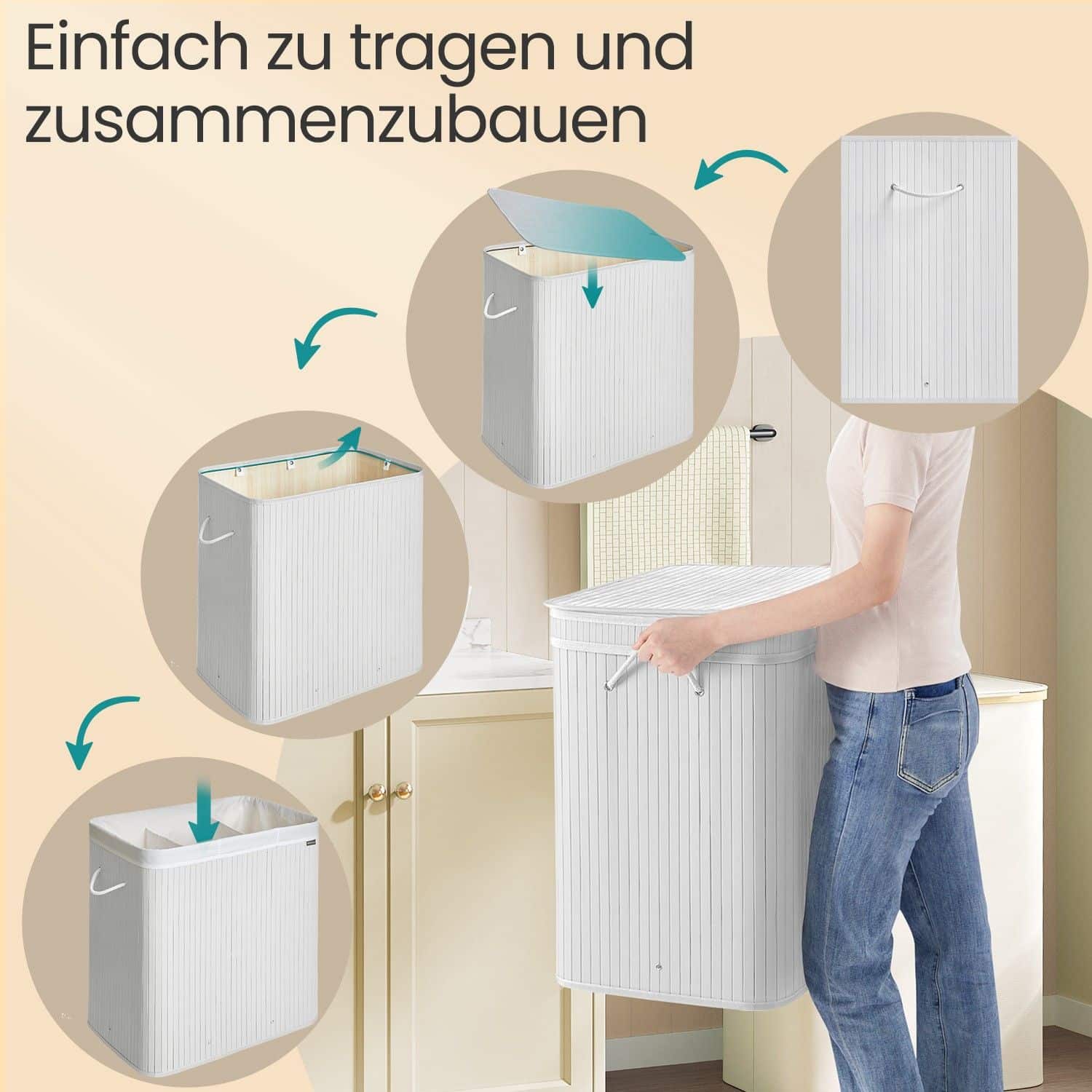 Wäschekorb mit Deckel, Wäschesammler Bambus, Wäschesack mit Griffen herausnehmbar und maschinenwaschbar Wäschekorb mit Deckel, Wäschesammler Bambus, Wäschesack mit Griffen herausnehmbar und maschinenwaschbar