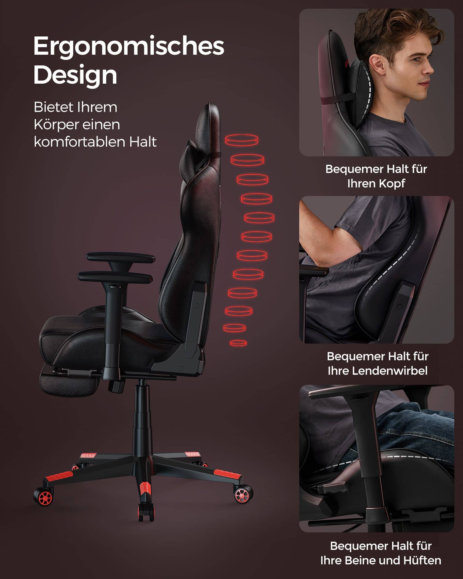 Bürostuhl ergonomisch Armlehnen Kopfkissen schwarz-rot Bürostuhl ergonomisch Armlehnen Kopfkissen schwarz-rot