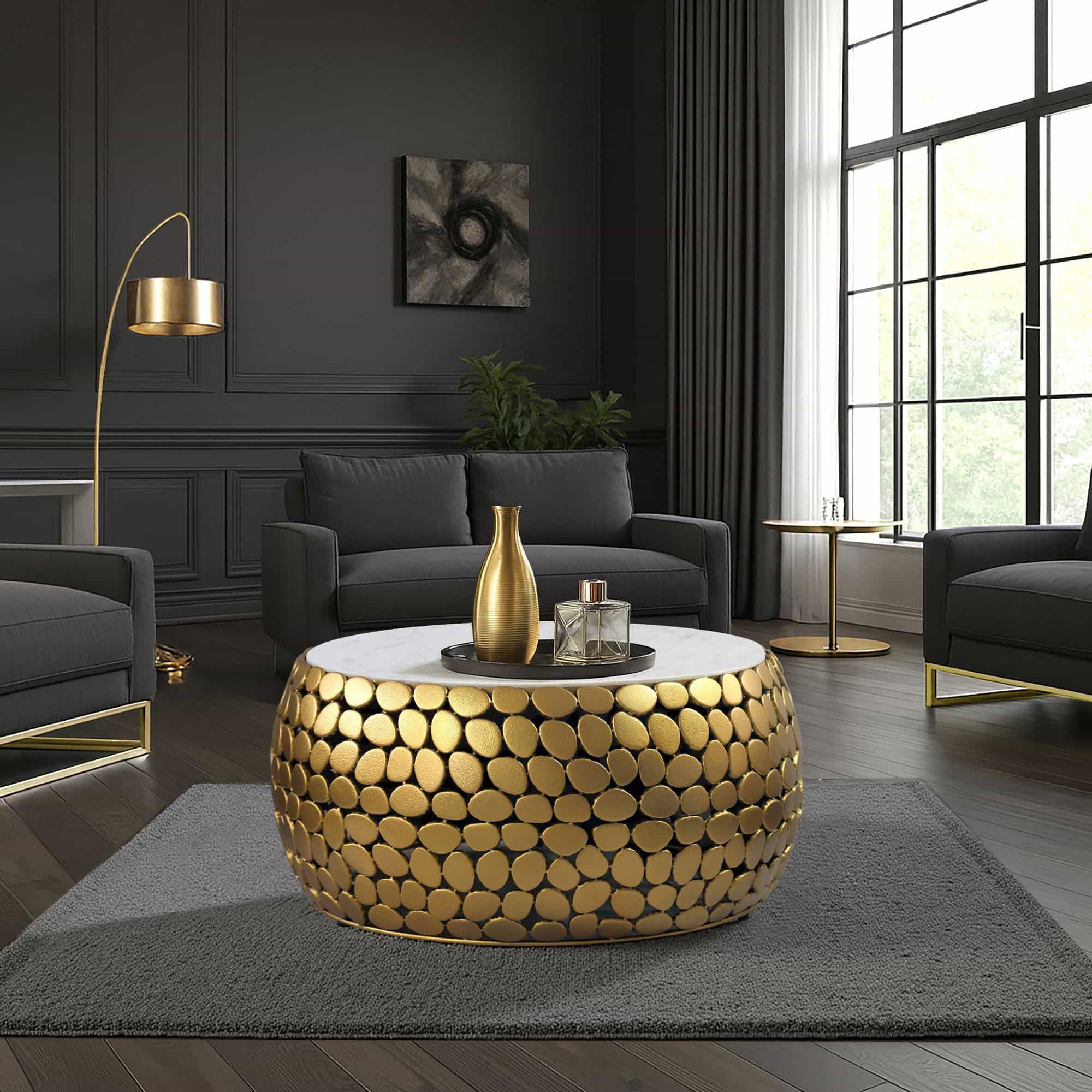 Design Couchtisch rund 66 cm aus Aluminium gold und weißer Marmor Tischplatte - Wohnzimmertisch Alu - Metall Sofatisch - Beistelltisch Wohnzimmer - Handmade Design Couchtisch rund 66 cm aus Aluminium gold und weißer Marmor Tischplatte - Wohnzimmertisch Alu - Metall Sofatisch - Beistelltisch Wohnzimmer - Handmade