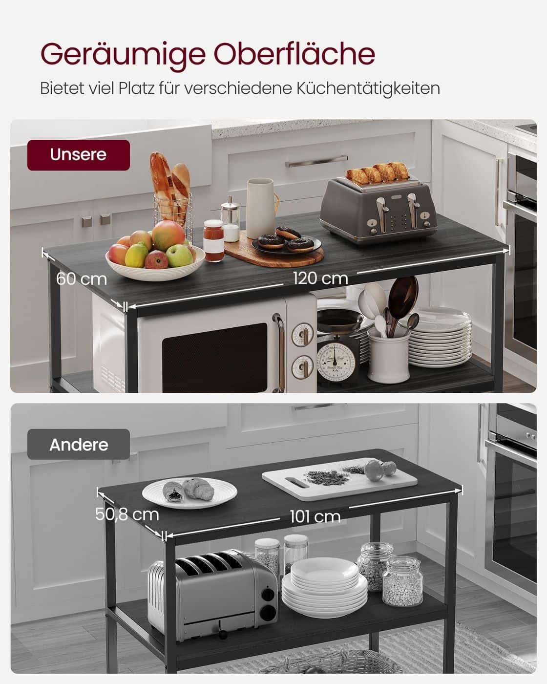 Küchenregal 3-stufig mit großer Arbeitsplatte und Stahlrahmen