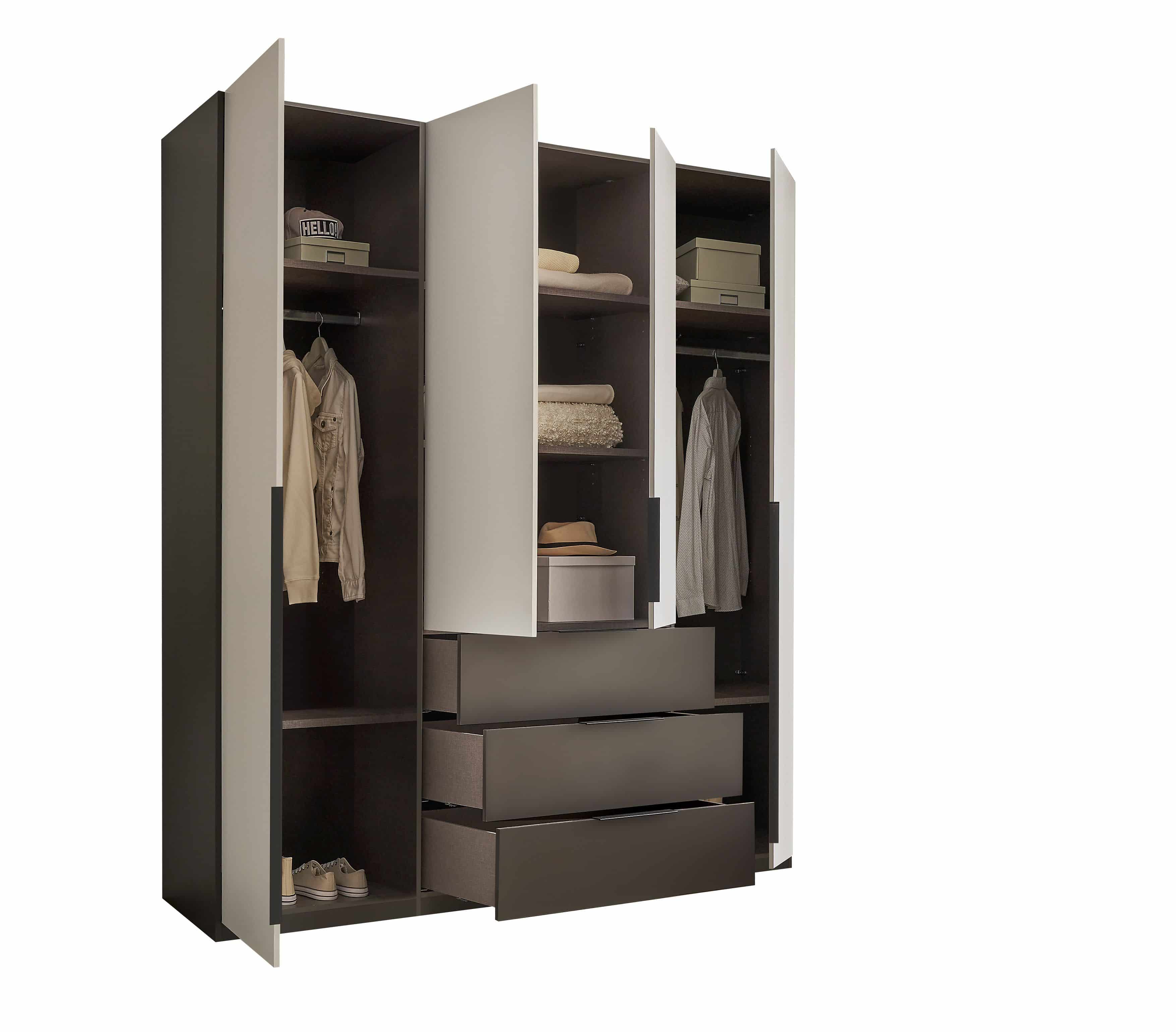 Kleiderschrank Nuka 200x225 cm – moderner Schrank in Graphit/Hellgrau mit 4 Türen & 3 Schubladen Kleiderschrank Nuka 200x225 cm – moderner Schrank in Graphit/Hellgrau mit 4 Türen & 3 Schubladen