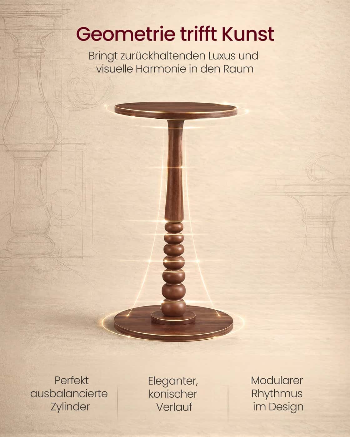 Mariel Kollektion - Runder Beistelltisch im Mid-Century Modern Stil kastanienwalnussfarben