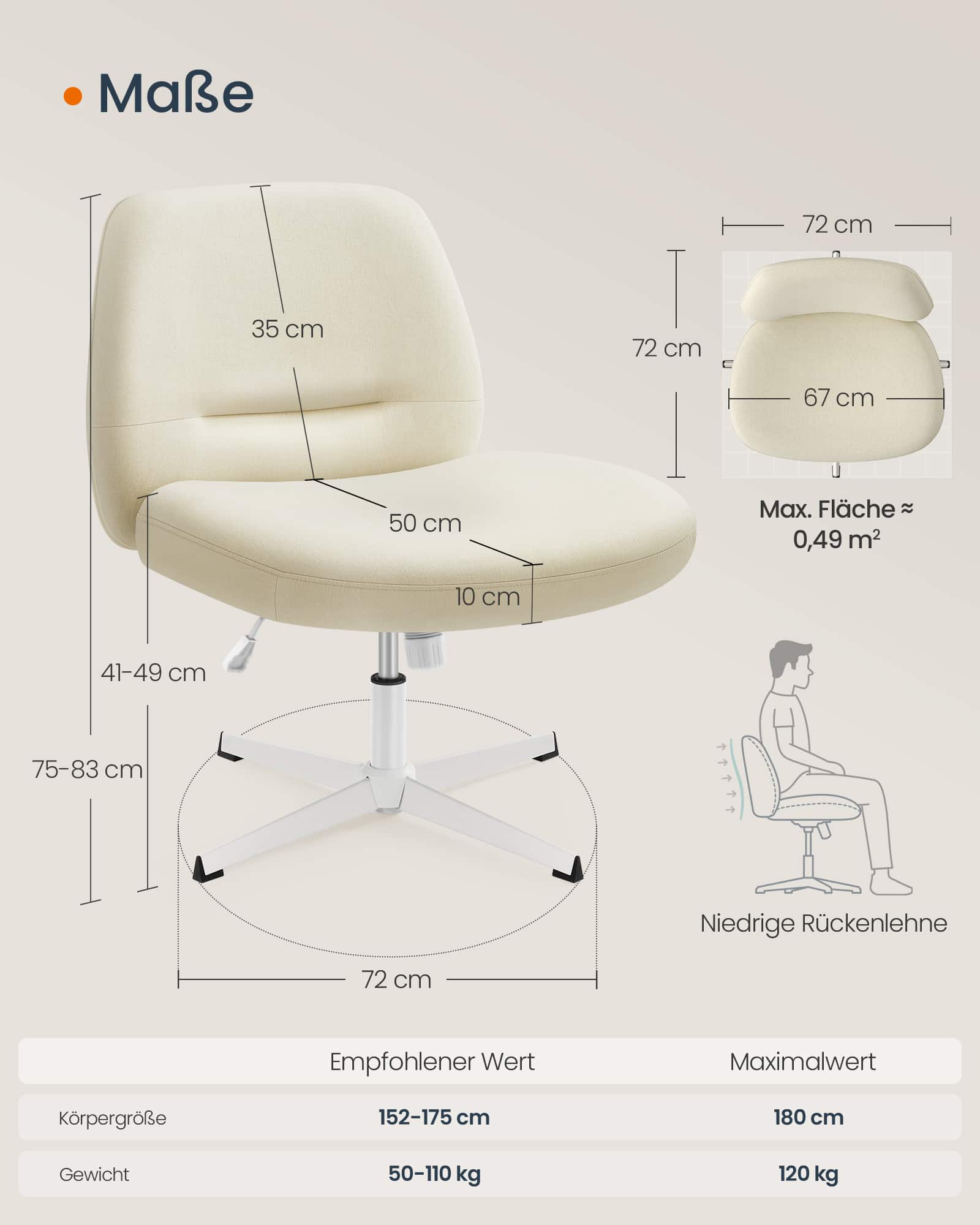 Bürostuhl mit breiter Sitzfläche und Kreuzfuß beige Bürostuhl mit breiter Sitzfläche und Kreuzfuß beige