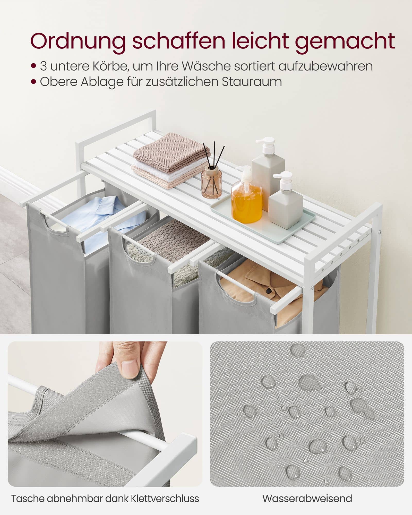 Wäschekorb 3 Fächer, Wäschesammler mit Ablage, Wäschebox Wäschekorb 3 Fächer, Wäschesammler mit Ablage, Wäschebox