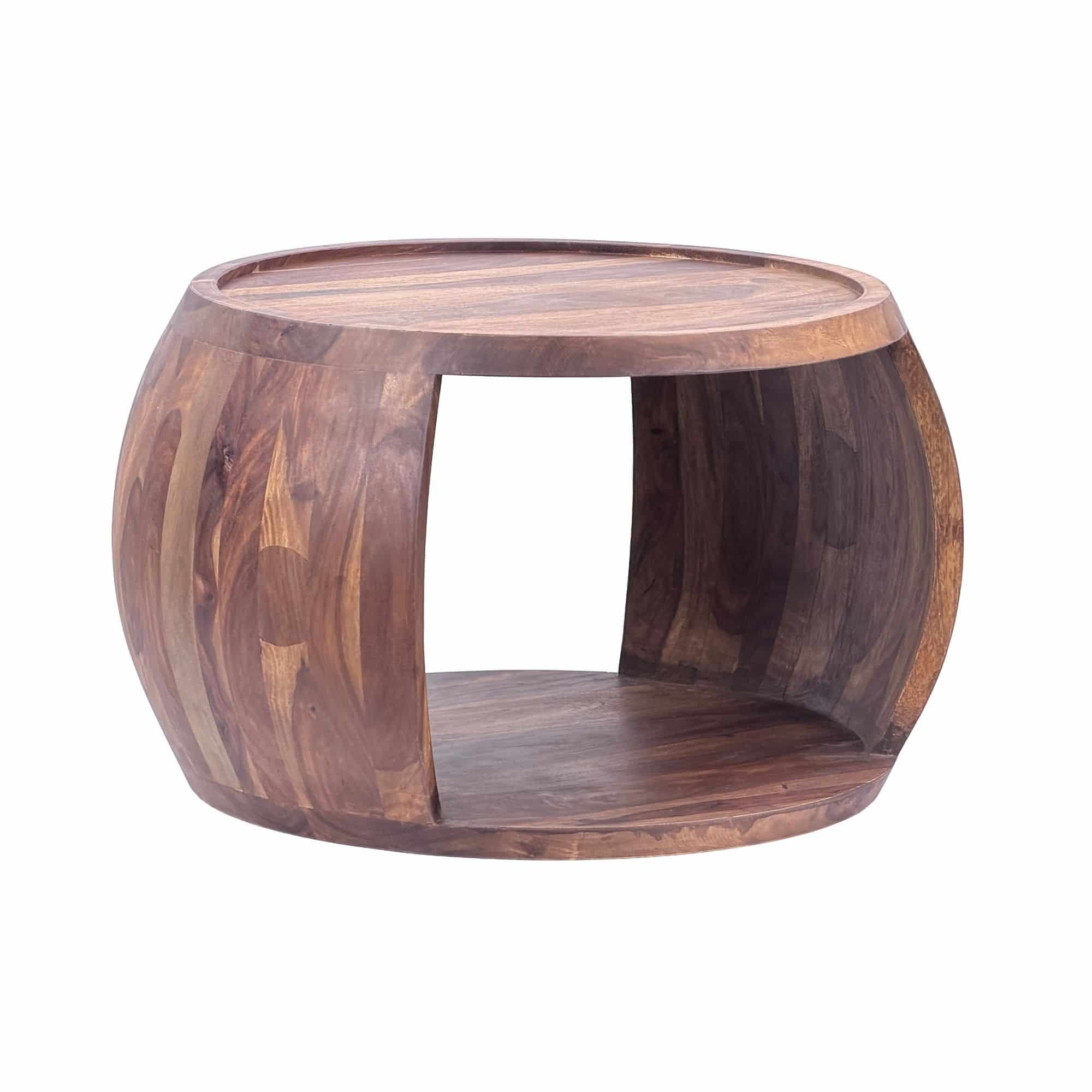 Couchtisch Sheesham Massivholz rund 60 cm x 50 cm x 40 cm · Wohnzimmertisch mit Ablagefach · Handgefertigter Sofatisch aus Echtholz im natürlichen Landhaus Design