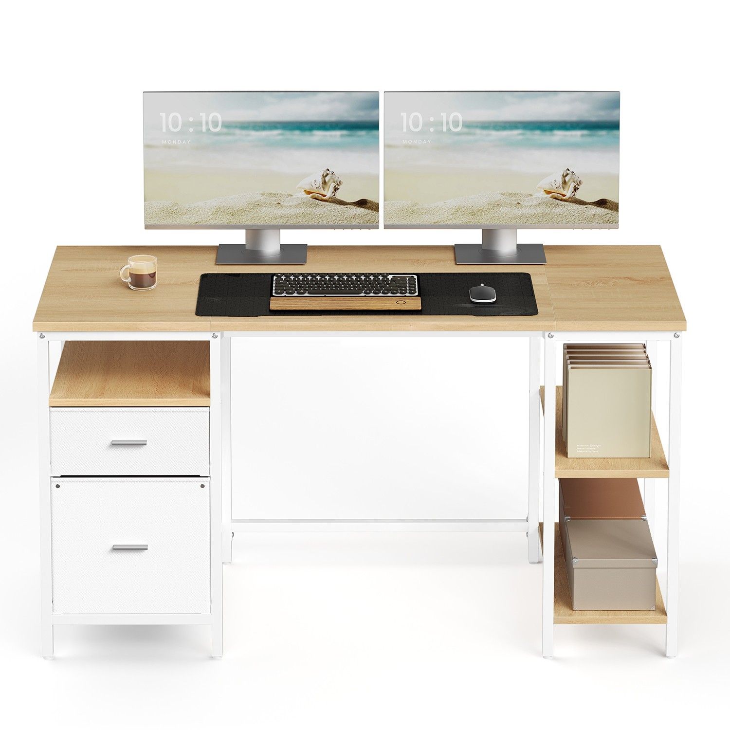 Computertisch mit 3 Ablagen und 2 Schubladen natureichenfarben-perlweiß