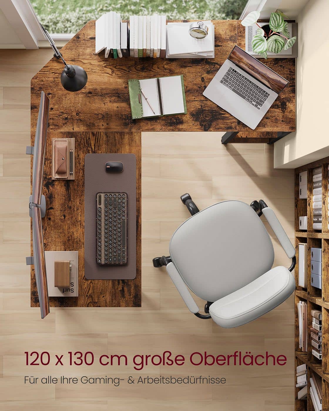 Schreibtisch 120 x 130 x 76 cm mit 2 Ablagen vintagebraun-tintenschwarz Schreibtisch 120 x 130 x 76 cm mit 2 Ablagen vintagebraun-tintenschwarz