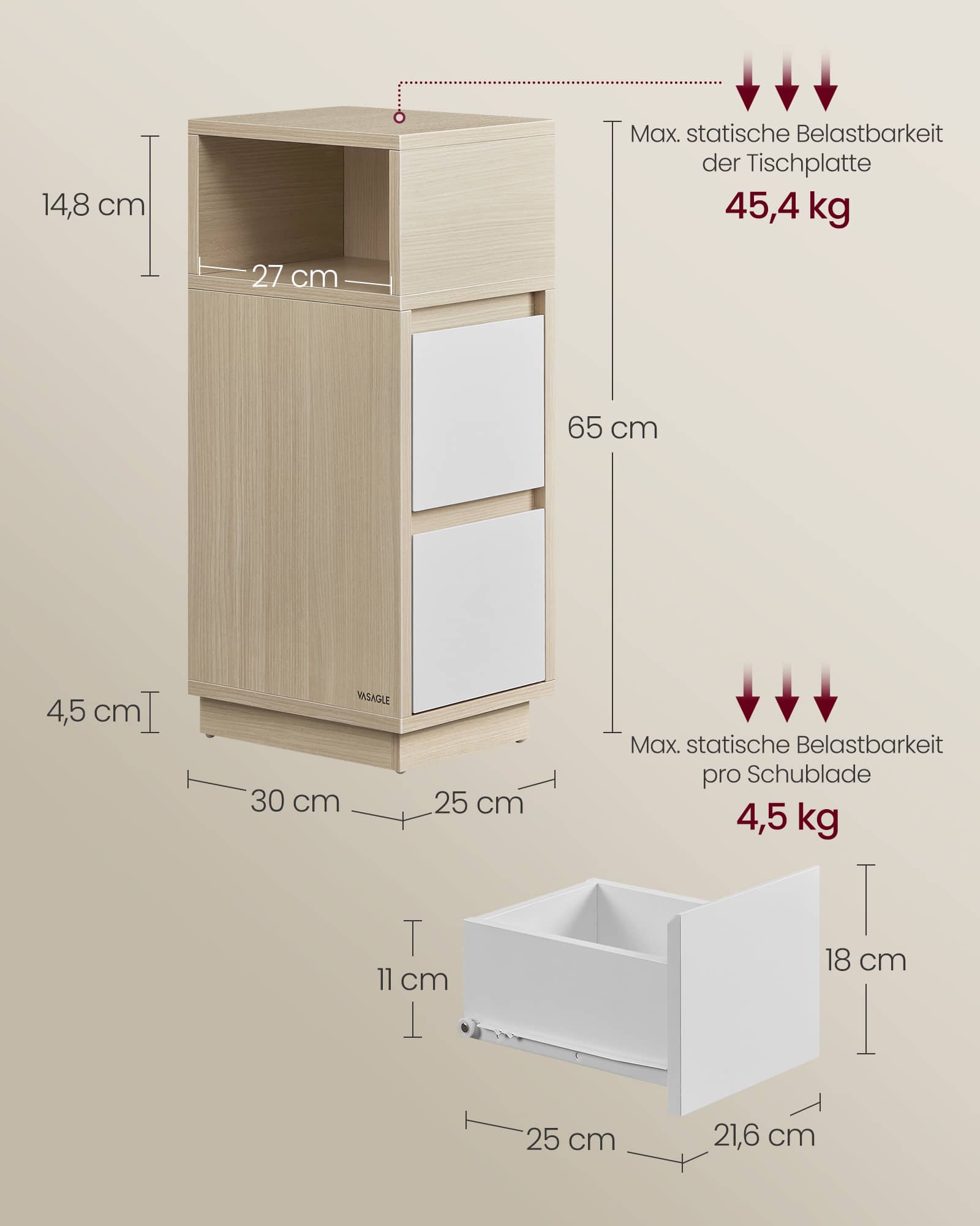 Schmaler Nachttisch 2er Set mit Schubladen naturbeige-wolkenweiß Schmaler Nachttisch 2er Set mit Schubladen naturbeige-wolkenweiß