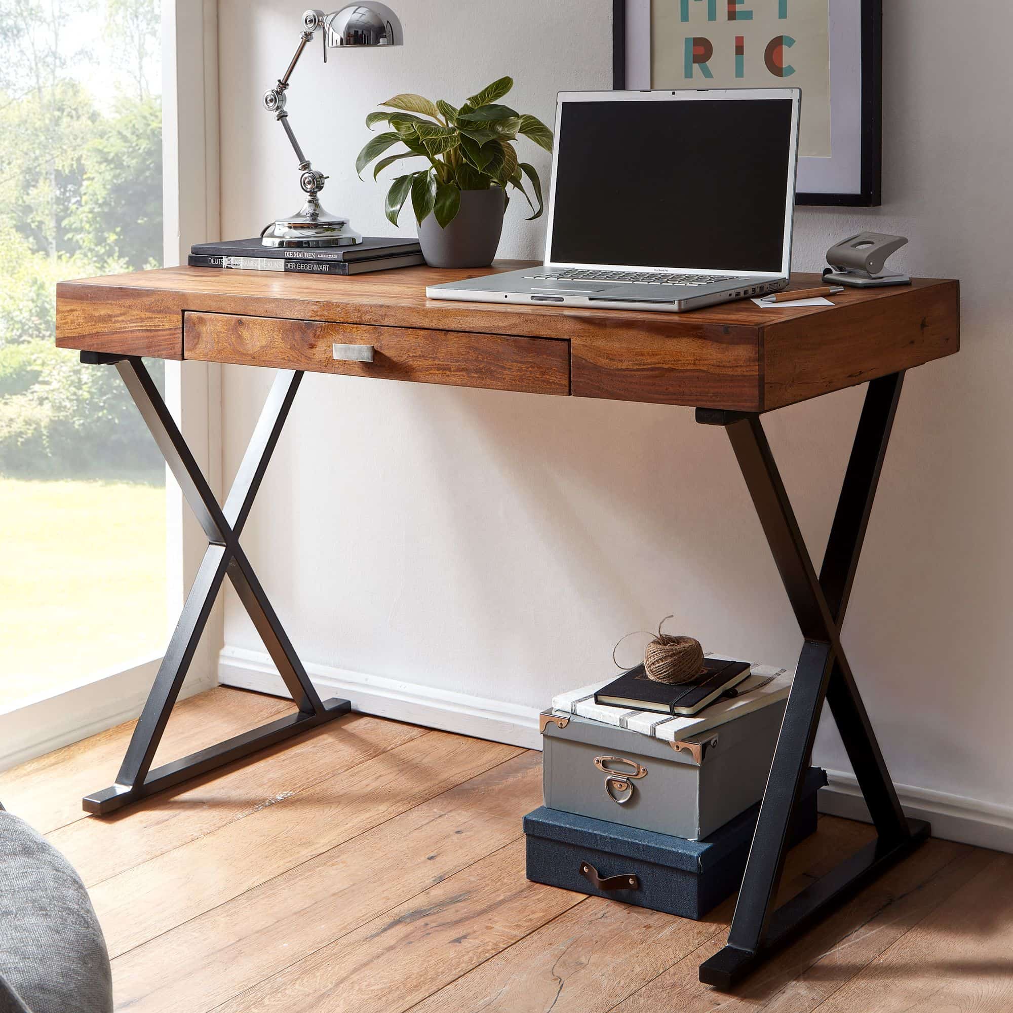 Schreibtisch 120x55x78 cm Sheesham Massivholz / Metall Schwarz