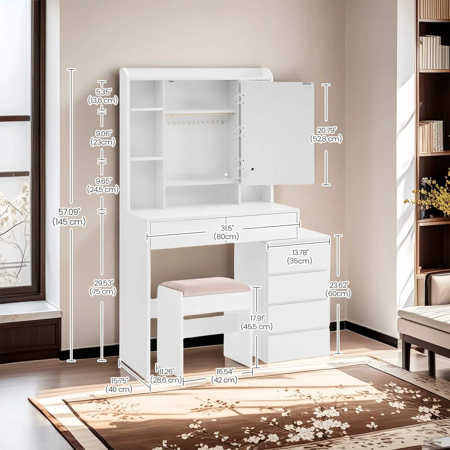 Frisiertisch mit Hocker, Schminktisch mit Spiegel, LED-Licht Frisiertisch mit Hocker, Schminktisch mit Spiegel, LED-Licht