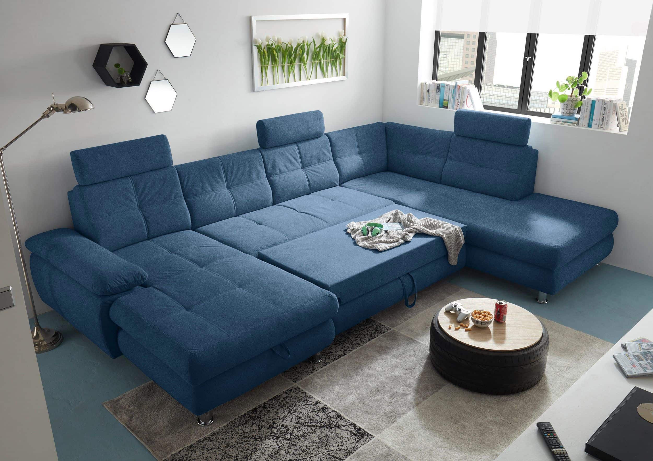 Wohnlandschaft Alba von ED Exciting Design mit Schlaffunktion & Bettkasten – U-Form Sofa aus hochwertigem Brego-Stoff