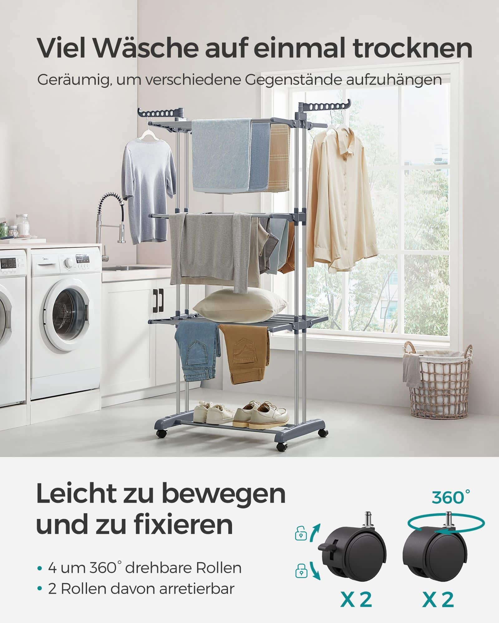 Wäscheständer 4 Ebenen mit klappbaren Flügeln und Rollen grau