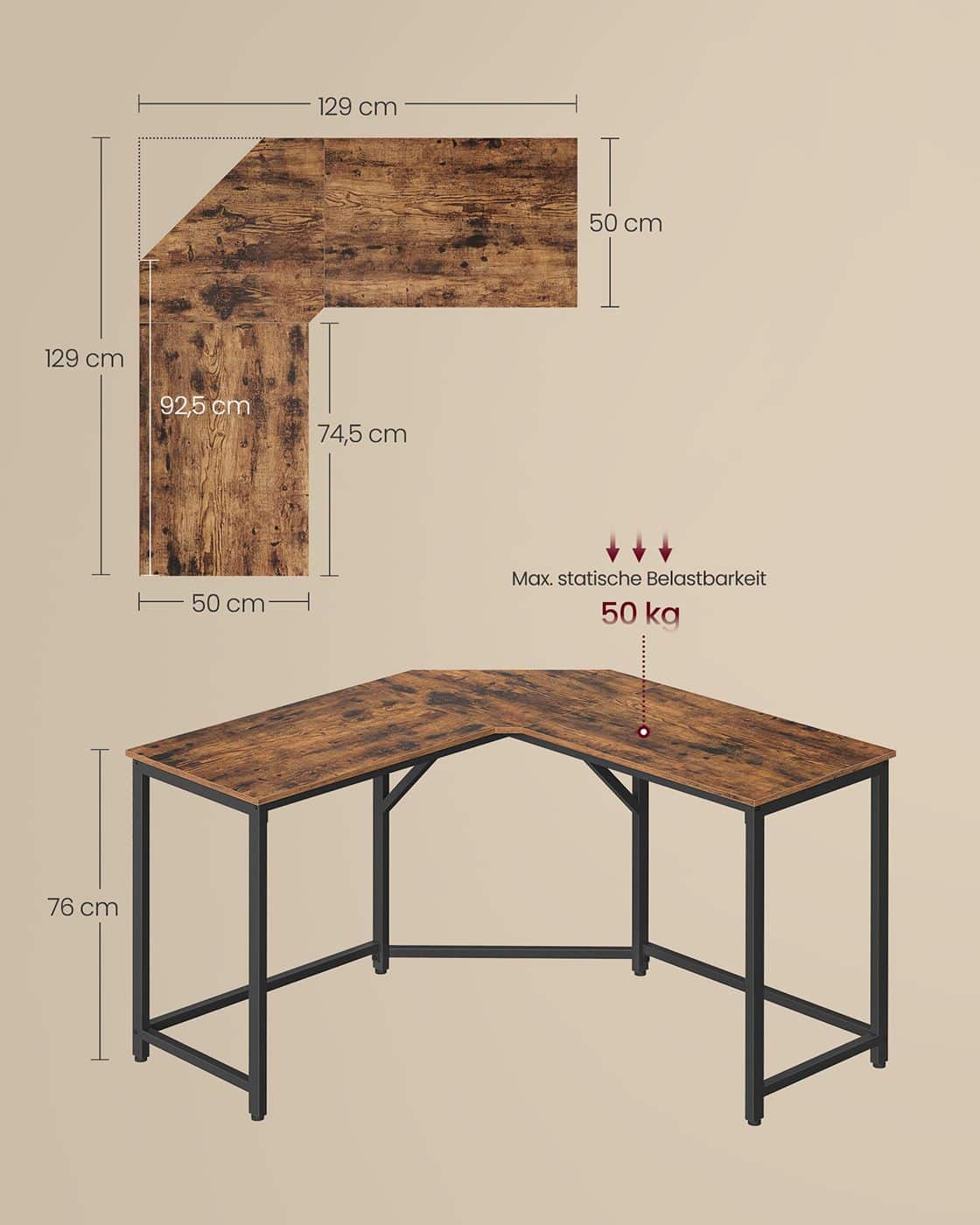Eckschreibtisch 129 x 129 x 76 cm vintagebraun-tintenschwarz Eckschreibtisch 129 x 129 x 76 cm vintagebraun-tintenschwarz