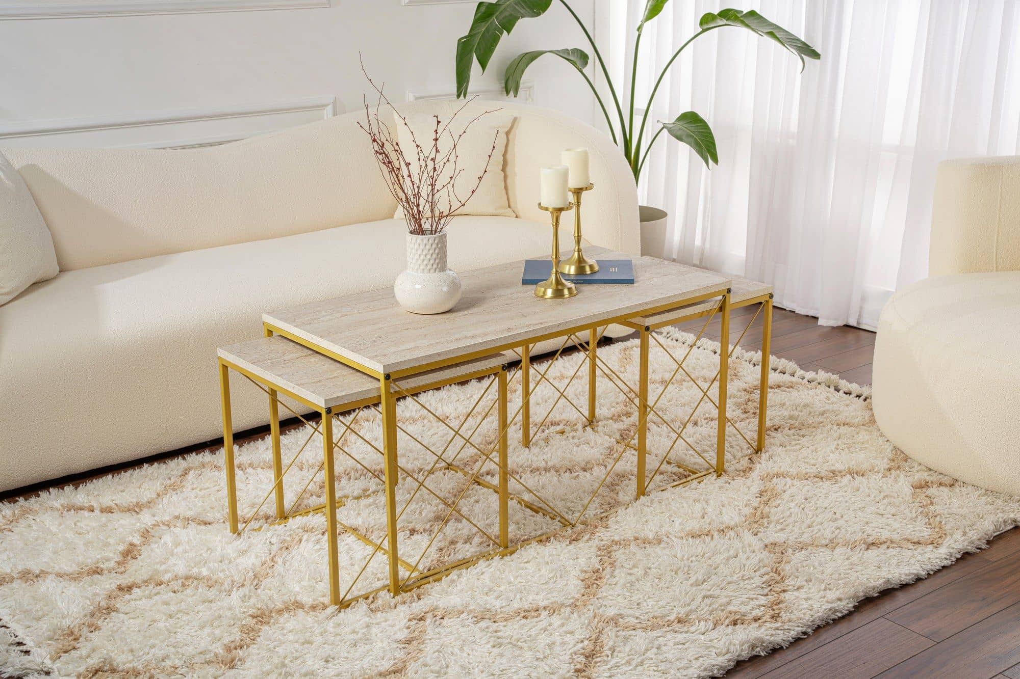 Defne - Gold, Travertine - Couchtisch Set Defne - Gold, Travertine - Couchtisch Set