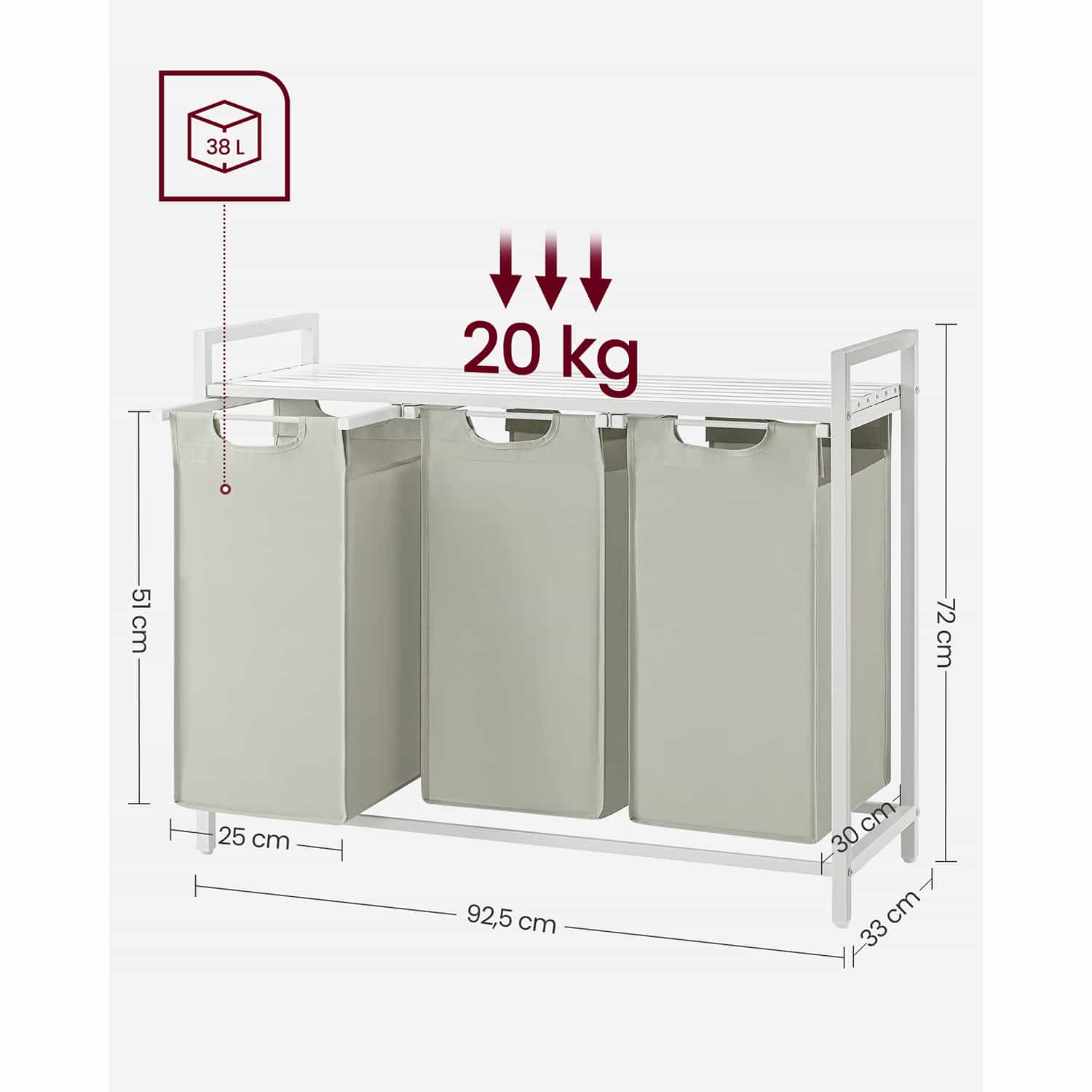 Wäschekorb 3 x 38 L mit 1 Ablage weiß-B34BLH301W01 Wäschekorb 3 x 38 L mit 1 Ablage weiß-B34BLH301W01