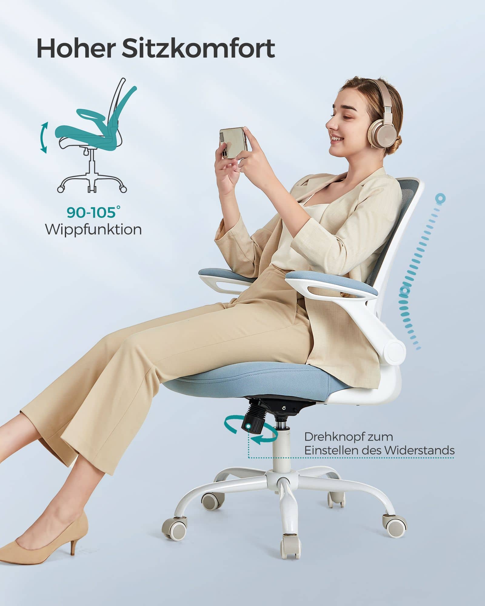 Bürostuhl ergonomisch klappbare Armlehnen nebelblau Bürostuhl ergonomisch klappbare Armlehnen nebelblau