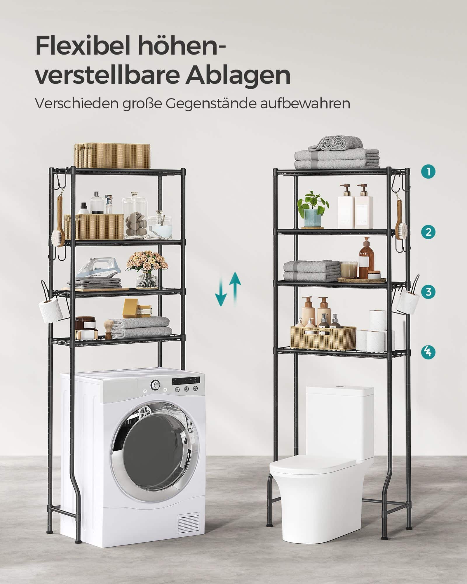4-stöckiges Toilettenregal mit Haken platzsparend schwarz 4-stöckiges Toilettenregal mit Haken platzsparend schwarz
