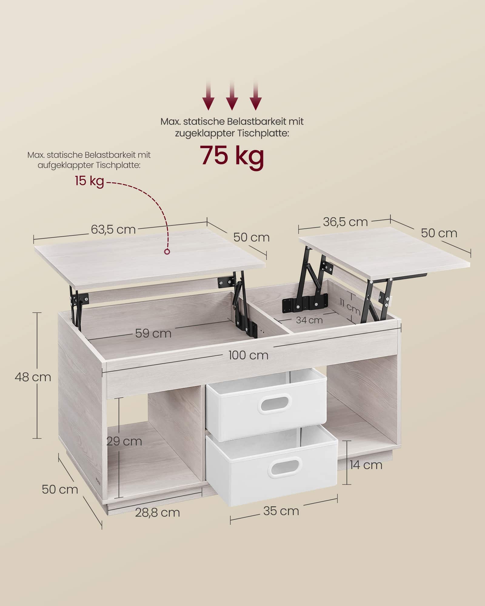 Couchtisch mit 2 Schubladen und Fächern haferflockenbeige