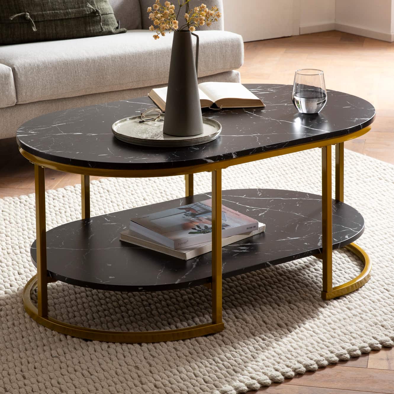 Couchtisch 100x60x45 cm Schwarz mit Marmor Optik Couchtisch 100x60x45 cm Schwarz mit Marmor Optik