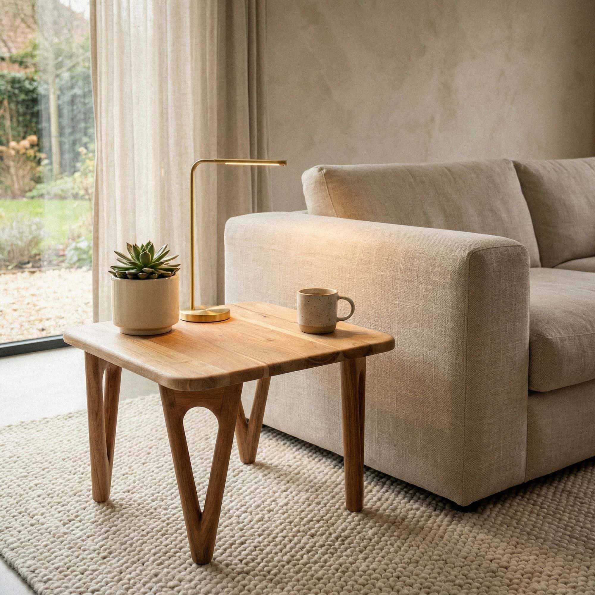 Couchtisch Akazie Massivholz 60cm - Wohnzimmertisch Quadratisch - Sofatisch Holz Modern - Design Loungetisch mit abgerundeten Ecken Landhaus Handmade