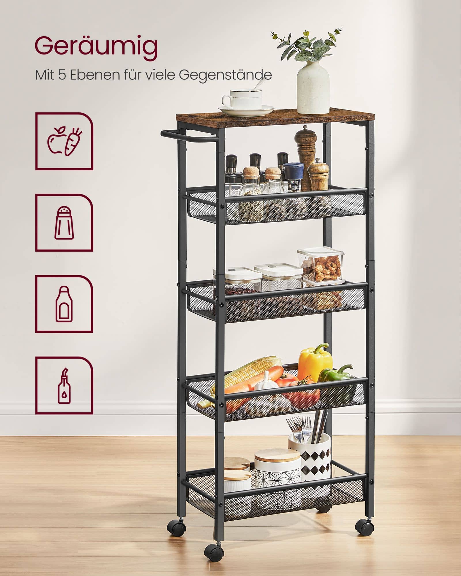 VASAGLE Rollwagen 5 Ebenen schmal Vintagebraun-Schwarz VASAGLE Rollwagen 5 Ebenen schmal Vintagebraun-Schwarz