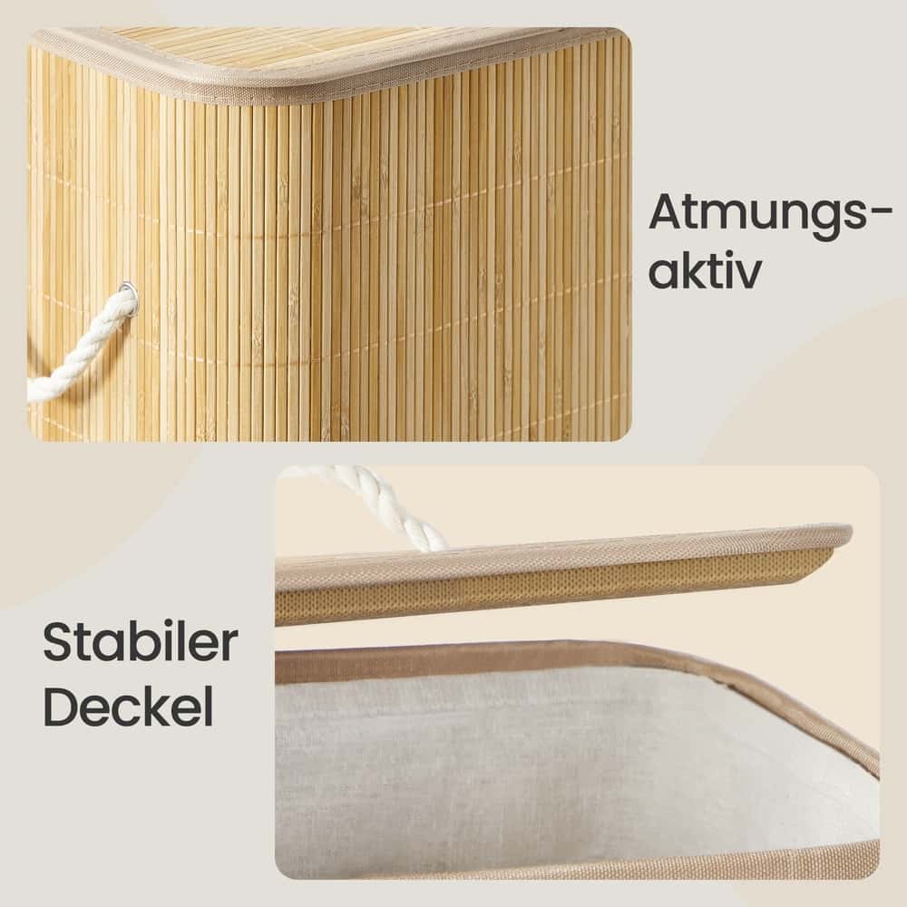 Wäschekorb mit Deckel, 60 L, Wäschesammler Bambus