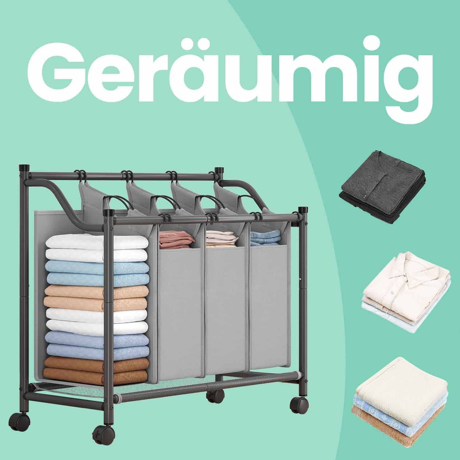 Wäschekorb mit Rollen, 4 x 35 L, Wäschesammler mit 4 abnehmbaren Wäschesäcken