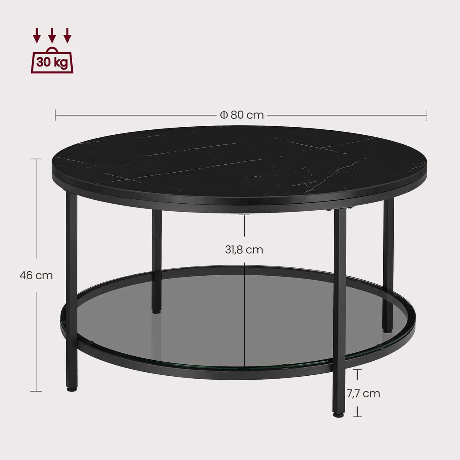 VASAGLE Couchtisch Ø 80 cm – 2 Ablagen & Marmoroptik VASAGLE Couchtisch Ø 80 cm – 2 Ablagen & Marmoroptik