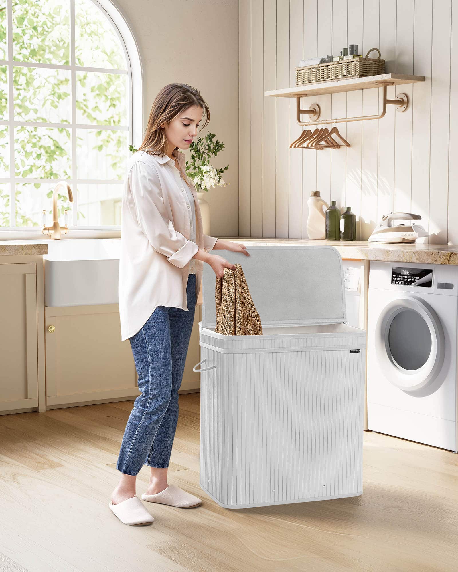 Wäschekorb mit Deckel aus Bambus 150 Liter wolkenweiß