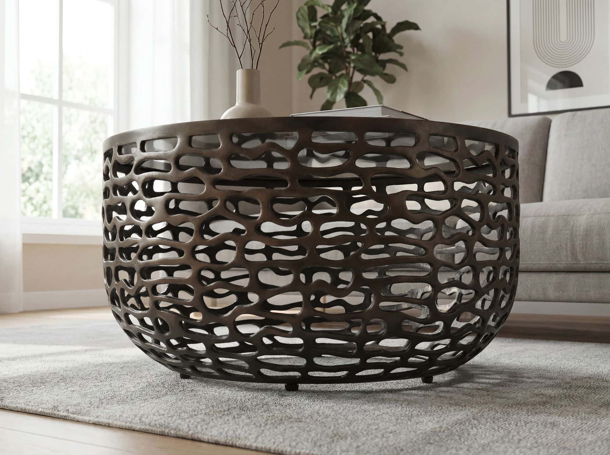 Couchtisch Aluminium Glas 60cm Schwarz - Runder Wohnzimmertisch Metall - Design Sofatisch - Moderner Loungetisch Gitteroptik - Beistelltisch Wohnzimmer Handmade Couchtisch Aluminium Glas 60cm Schwarz - Runder Wohnzimmertisch Metall - Design Sofatisch - Moderner Loungetisch Gitteroptik - Beistelltisch Wohnzimmer Handmade