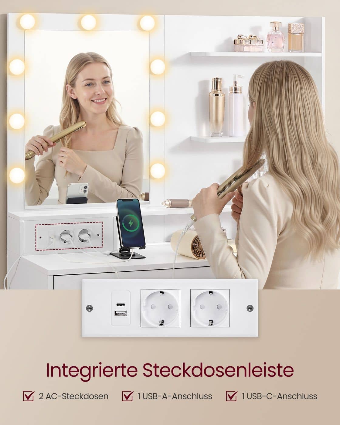 Kailyn Kollektion - Schminktisch mit Spiegel und LED-Beleuchtung