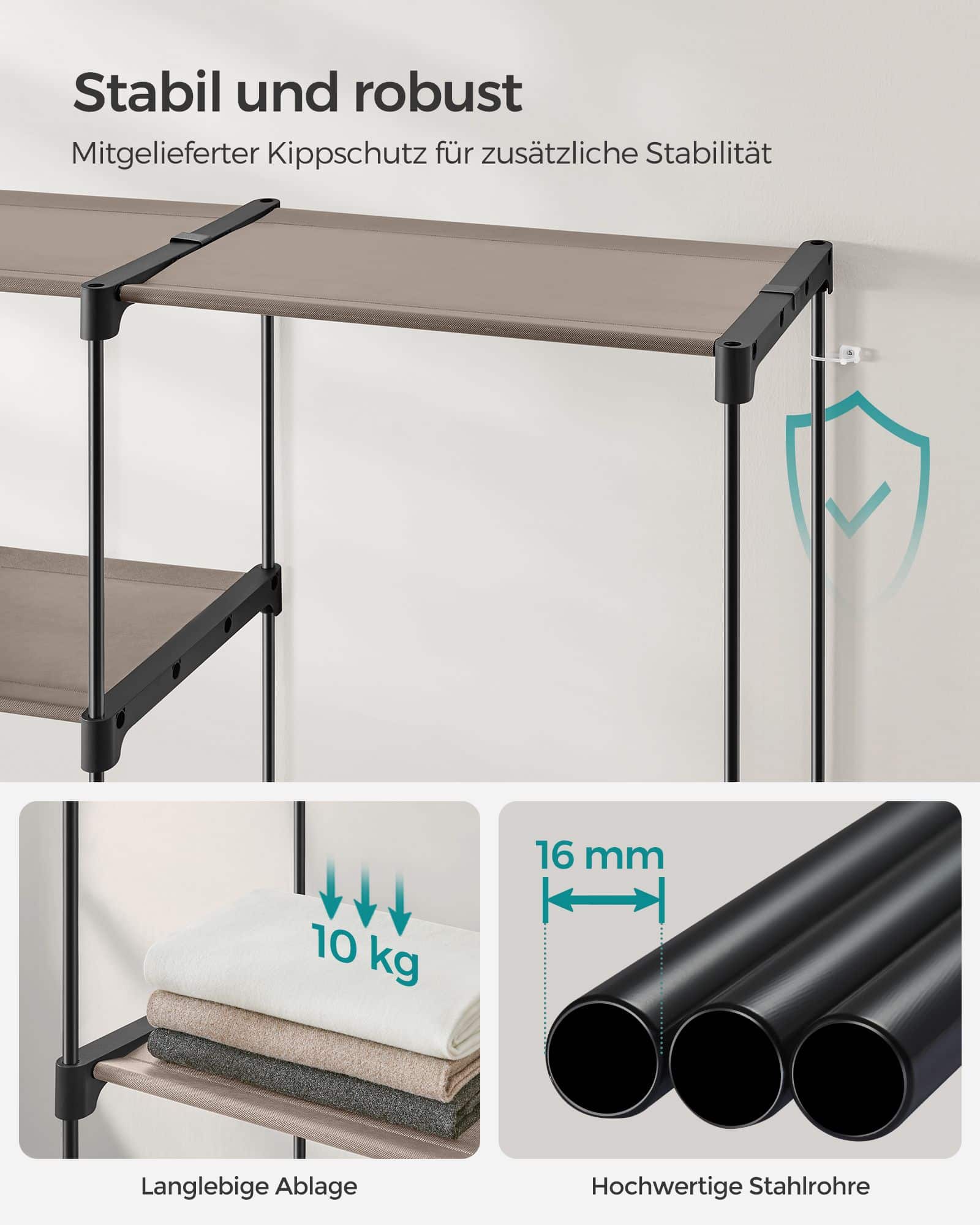 SONGMICS Kleiderschrank in Taupe – Freistehende Garderobe mit Kleiderstangen SONGMICS Kleiderschrank in Taupe – Freistehende Garderobe mit Kleiderstangen
