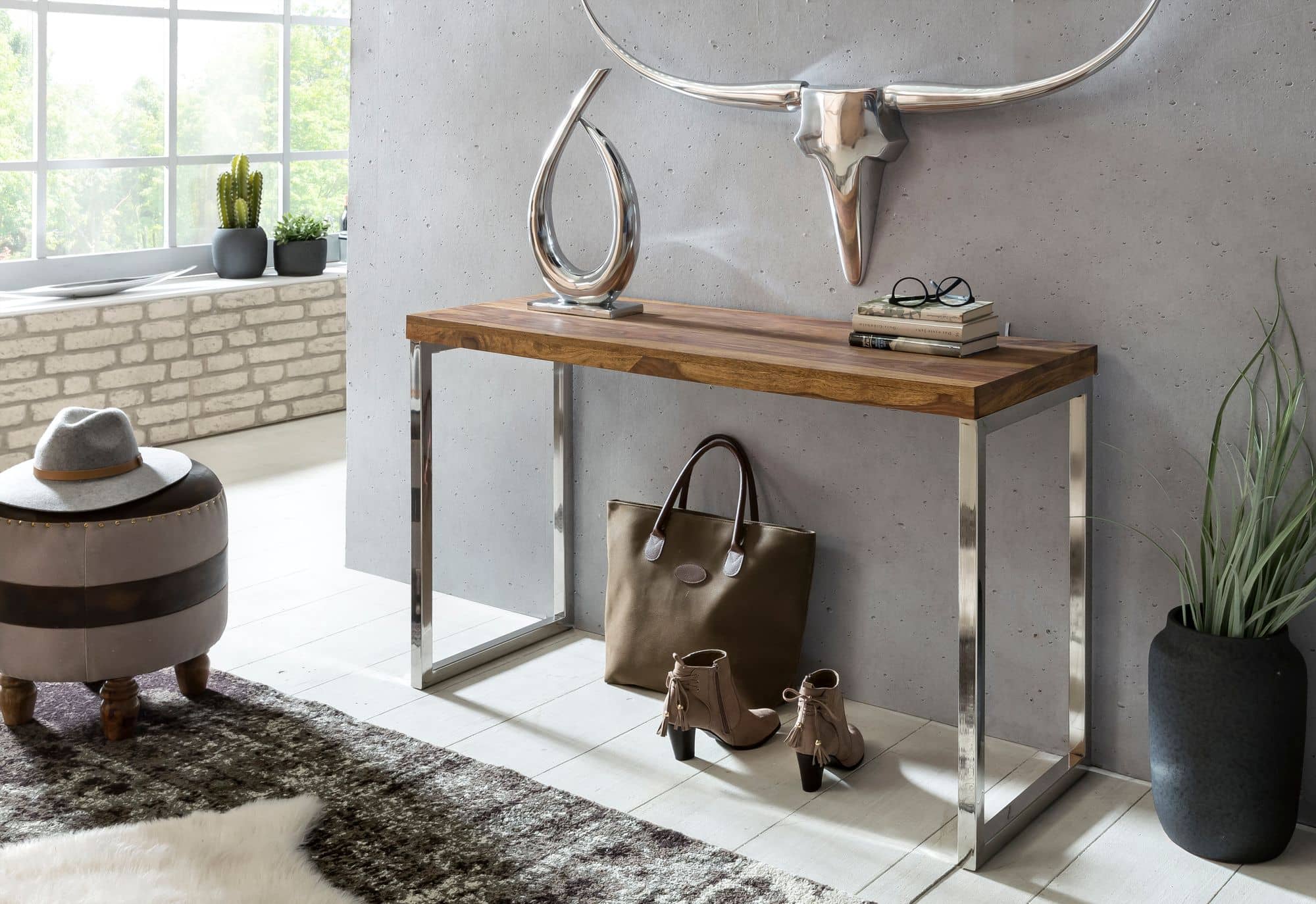 34316-WOHNLING-Konsolentisch-GUNA-Massivholz-Shee_1 Konsolentisch GUNA Massivholz Sheesham Konsole mit Metallbeinen Schreibtisch 120x45 cm Landhaus-Stil Sideboard Modern Massiv Echt-holz Natur Anrichte PC-Tisch Sekretär Tisch Flur