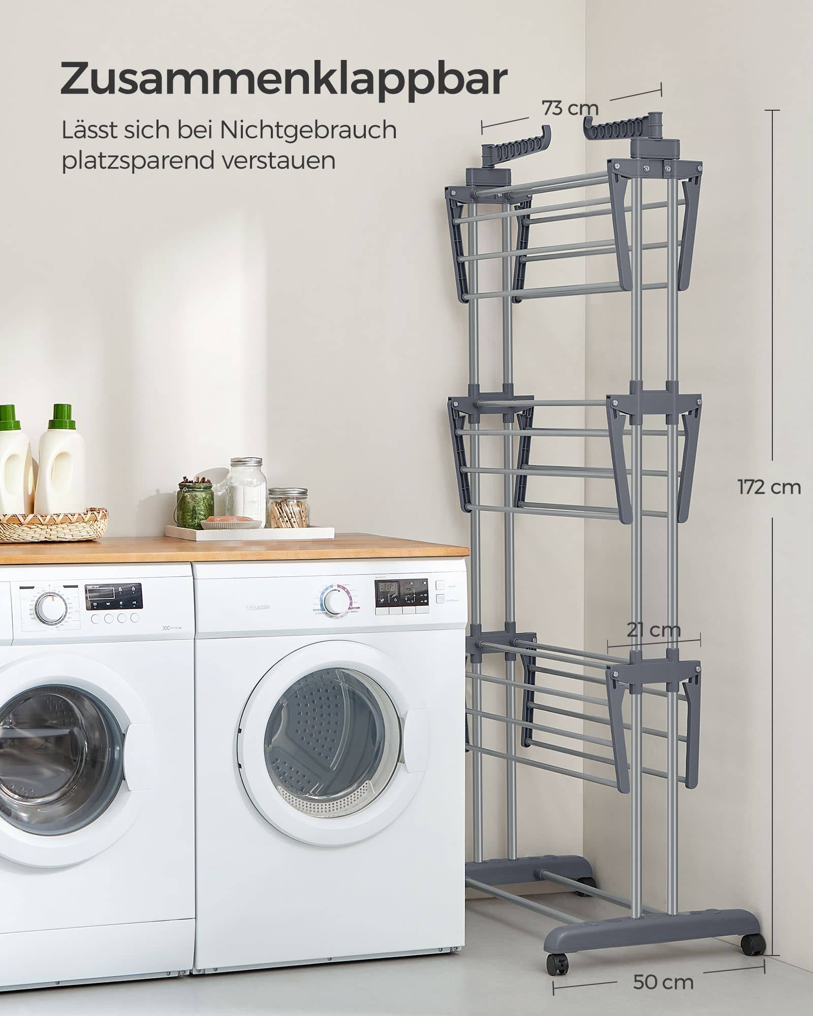 Wäscheständer 4 Ebenen mit klappbaren Flügeln und Rollen grau Wäscheständer 4 Ebenen mit klappbaren Flügeln und Rollen grau