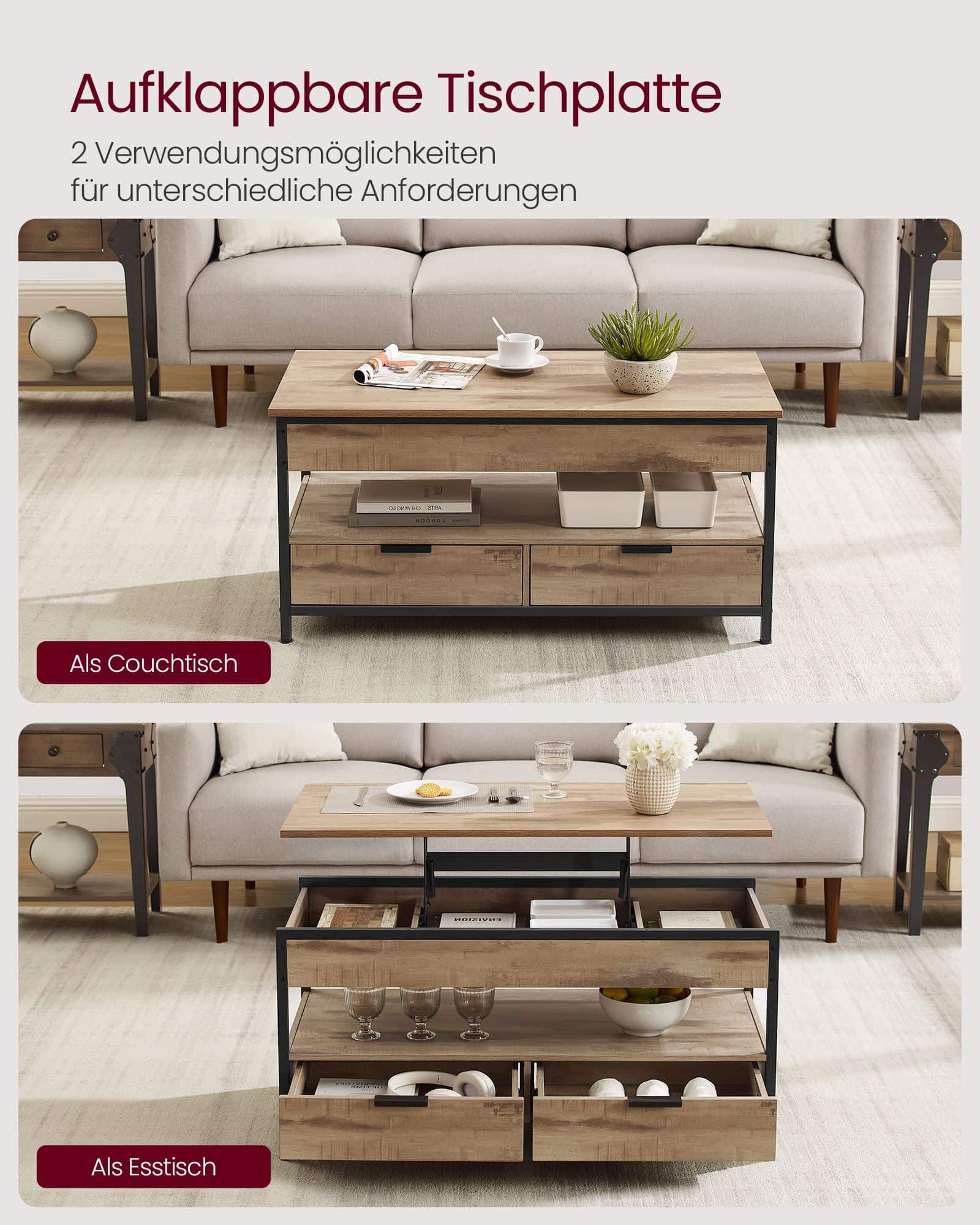 Couchtisch mit Schubladen und offnem Fach höhenverstellbar Couchtisch mit Schubladen und offnem Fach höhenverstellbar