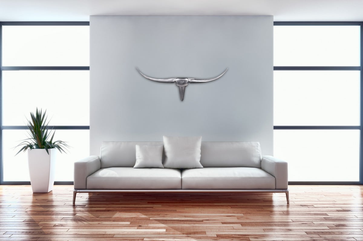 32591-Wohnling-Wanddekoration-Geweih-Bull-S-75-cm-Alum_1 Bull Geweih S Wanddekoration 74cm breit Alu Aluminium silber Aluminiumdekoration Wandgeweih Designdekoration