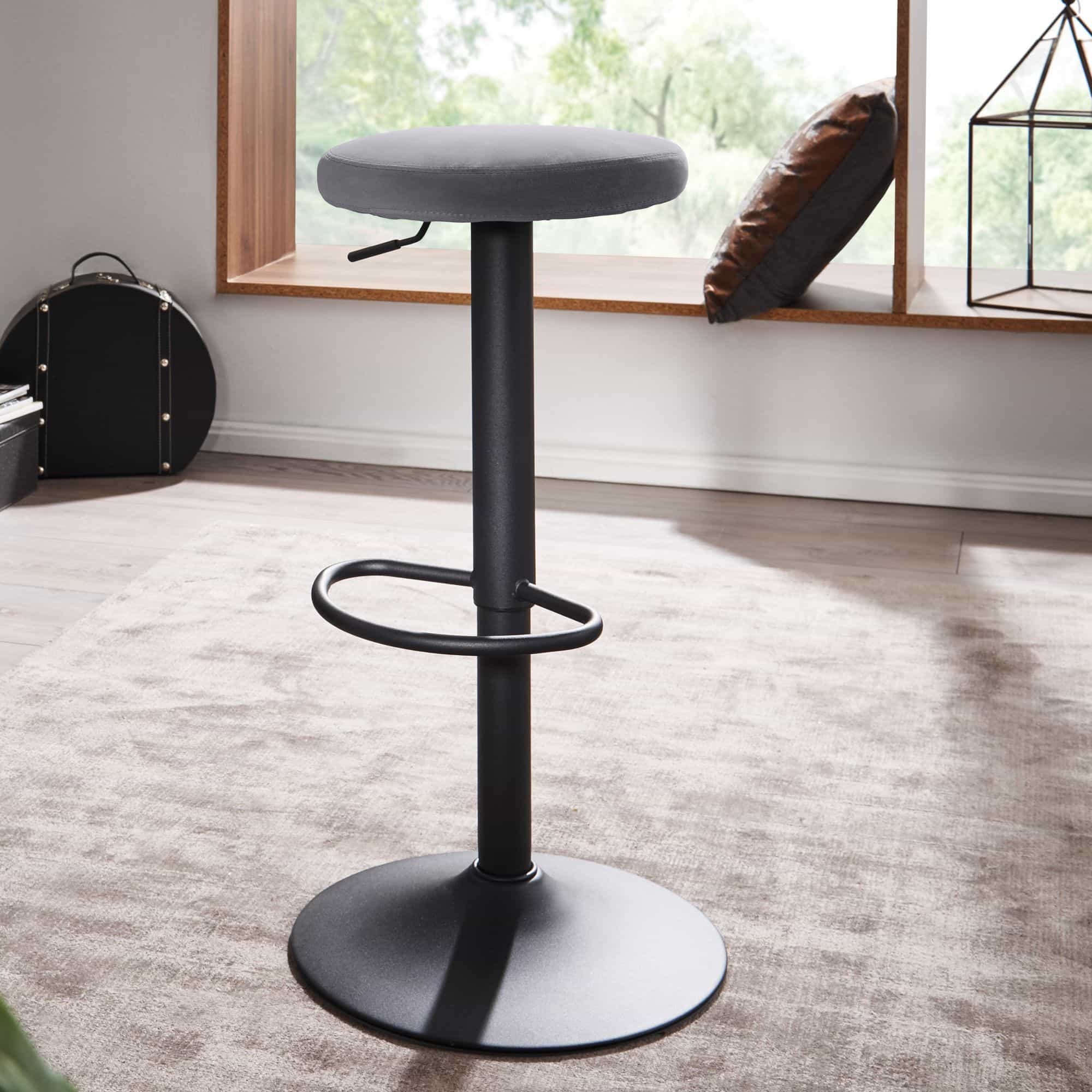 56601-WOHNLING-Barhocker-Samt-dunkelgrau-Hocker-ohne-Lehne-Kuechenhocker-Stoff-Metall-100kg-Design-Barstuhl-Tresenhocker-drehbar-Bistrohocker-WL6-200-WL6-200 Barhocker Samt Dunkelgrau Hocker ohne Lehne 58 - 79 cm