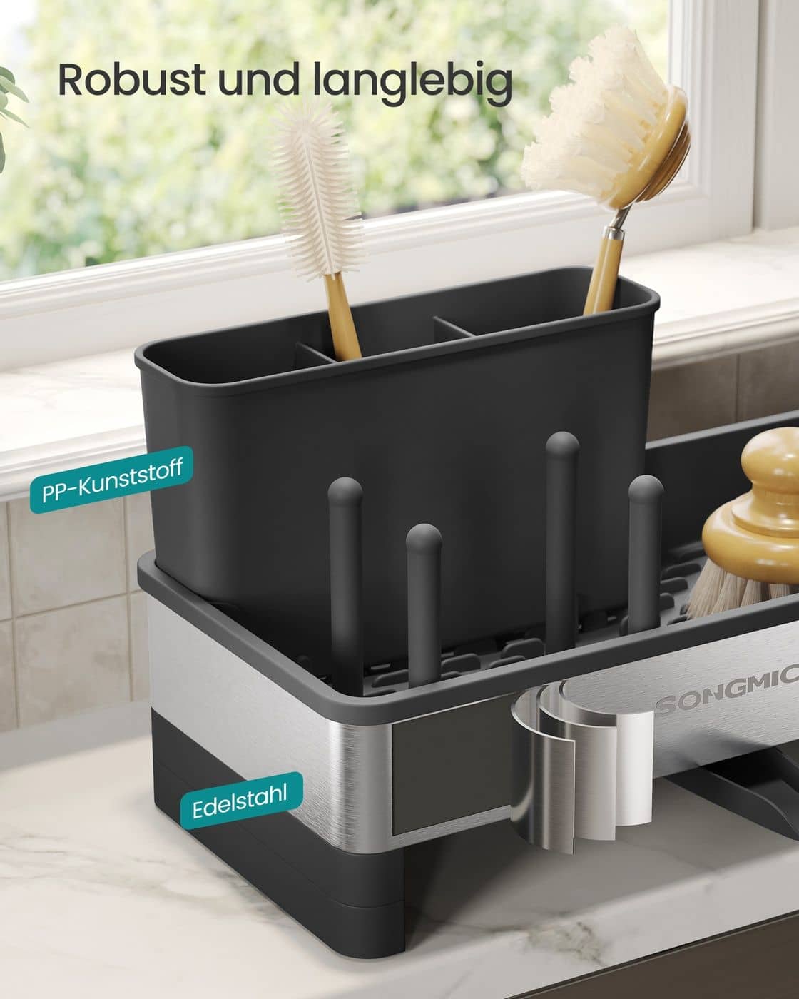 Spülbecken Organizer mit Halter für Schwämme und Bürsten tintenschwarz-silbern