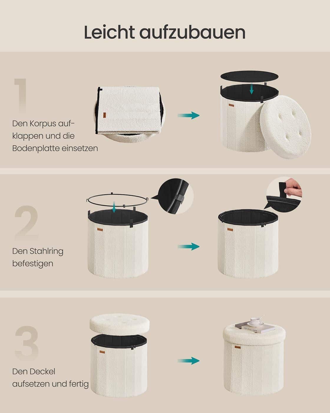 Runder Sitzhocker mit Stauraum und abnehmbarem Deckel Runder Sitzhocker mit Stauraum und abnehmbarem Deckel