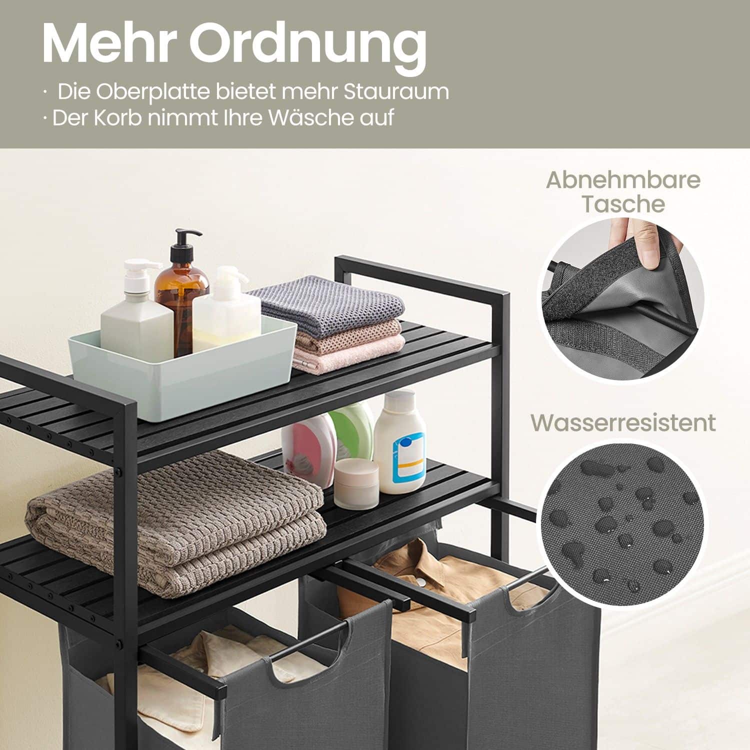 Wäschekorb 2 Fächer, Wäschesammler mit 2 Ablagen, Wäschesack ausziehbar und abnehmbar