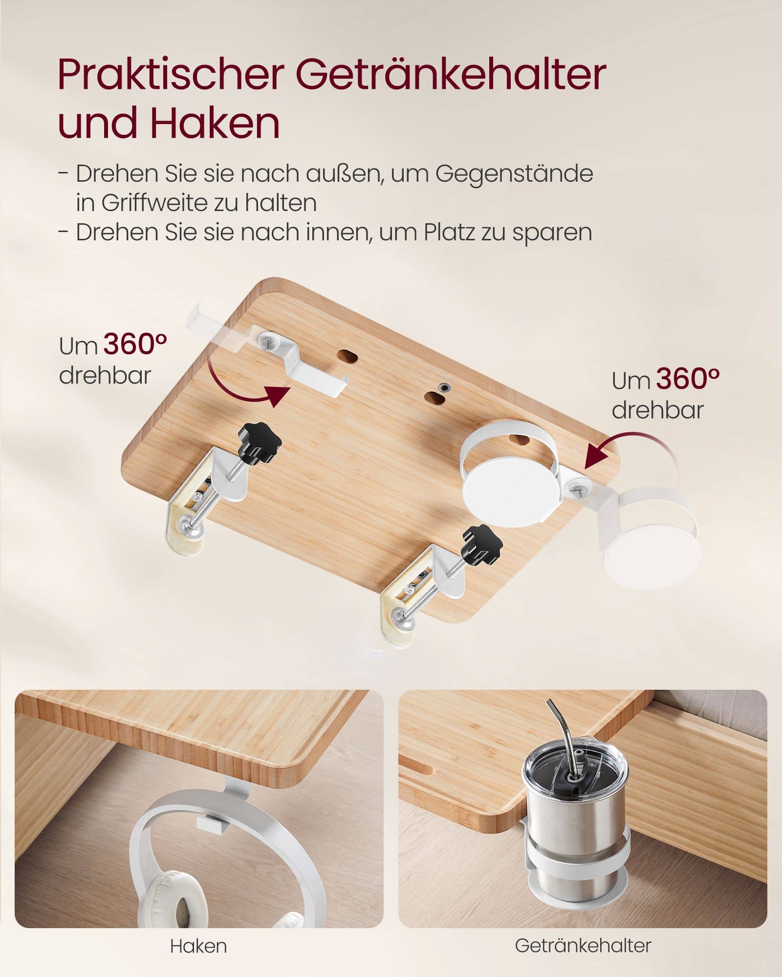 Nachttisch zum Einhängen mit Getränkehalter naturbeige