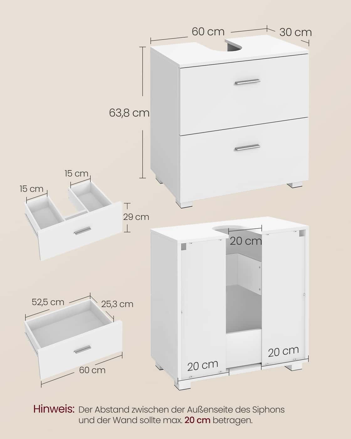 CUSTOS Kollektion - Waschbeckenunterschrank 30 x 60 x 63,8 cm mit 2 großen Schubladen wolkenweiß