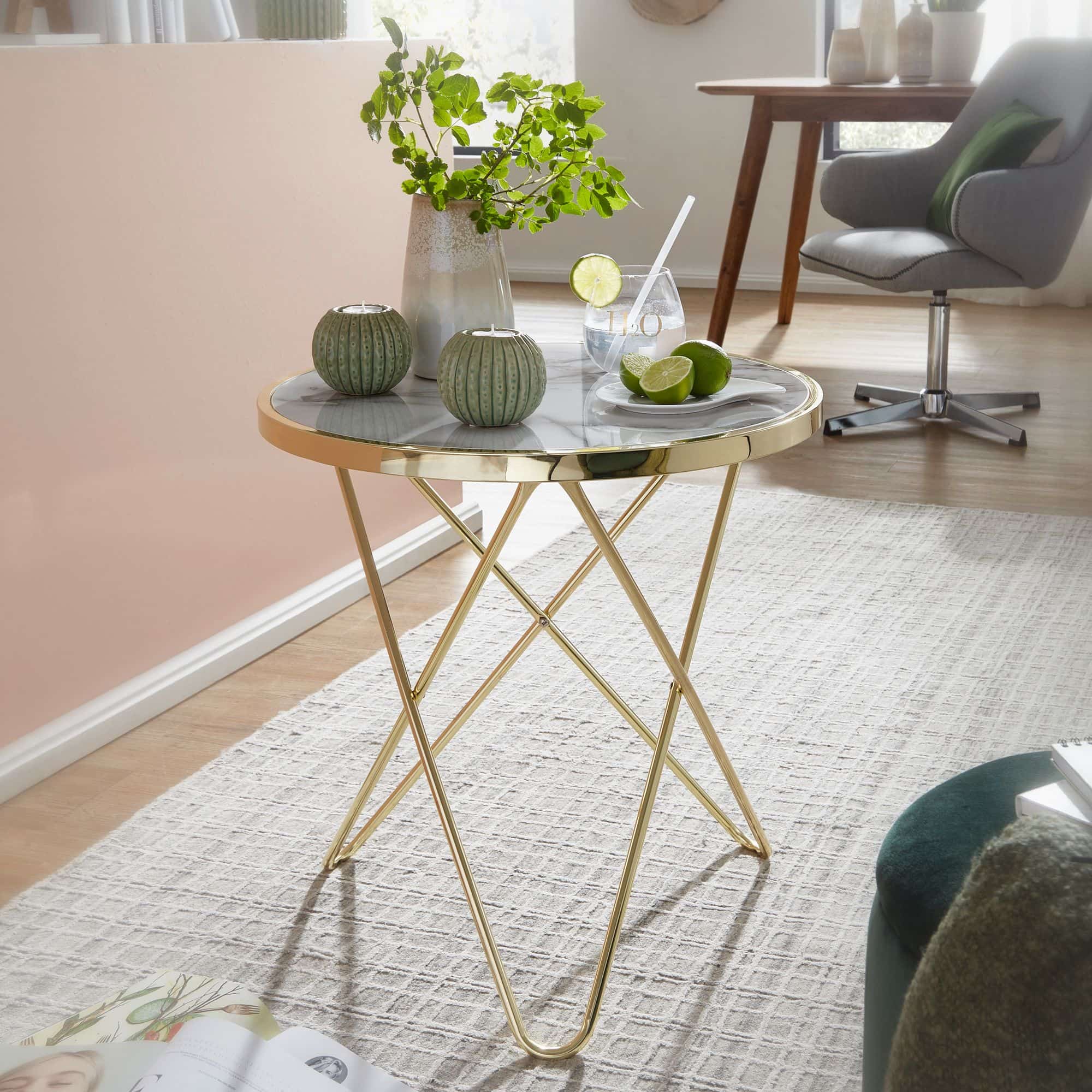 52216-Wohnling-Design-Couchtisch-Mamor-Optik-Weiss-Rund-55-cm Design Beistelltisch Marmor Optik Weiß Rund Ø55 cm Gold Metallgestell
