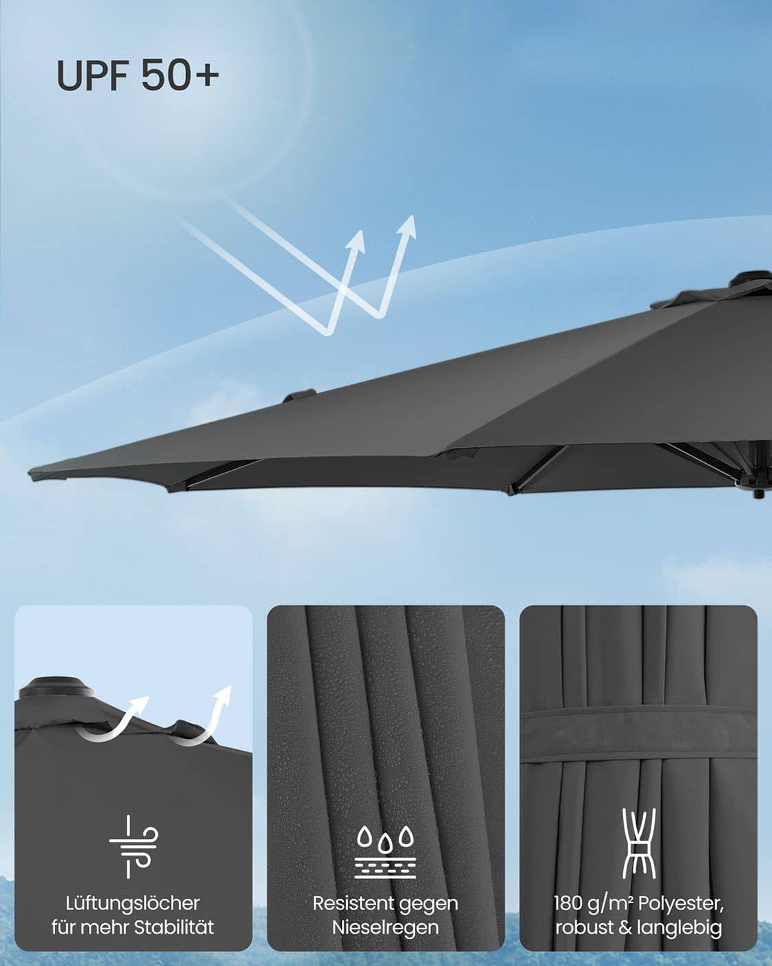 Sonnenschirm 300 cm UPF 50+ mit Kurbel und Kreuzfuß grau Sonnenschirm 300 cm UPF 50+ mit Kurbel und Kreuzfuß grau