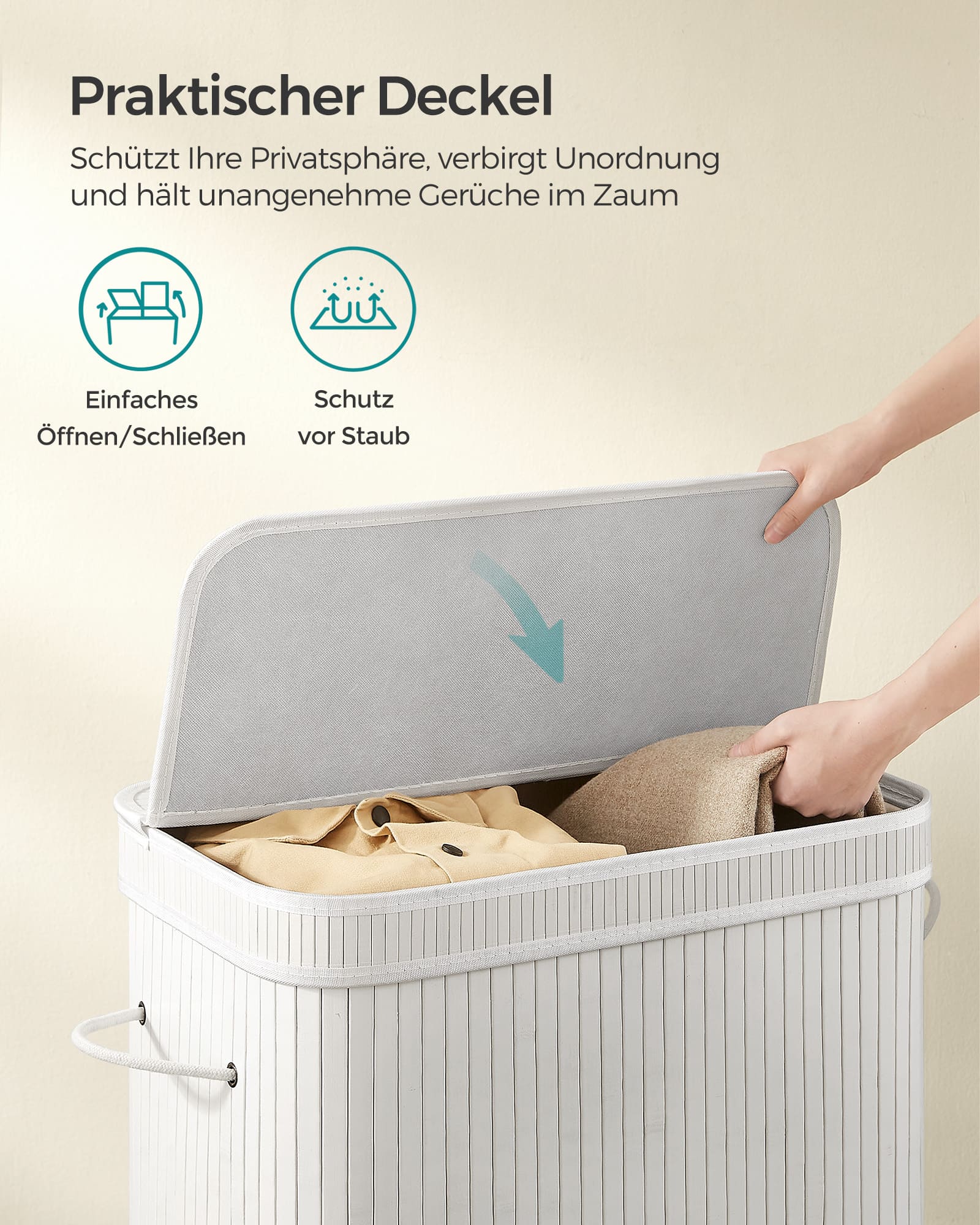 Wäschekorb 100 Liter aus Bambus mit Deckel und Griffen weiß