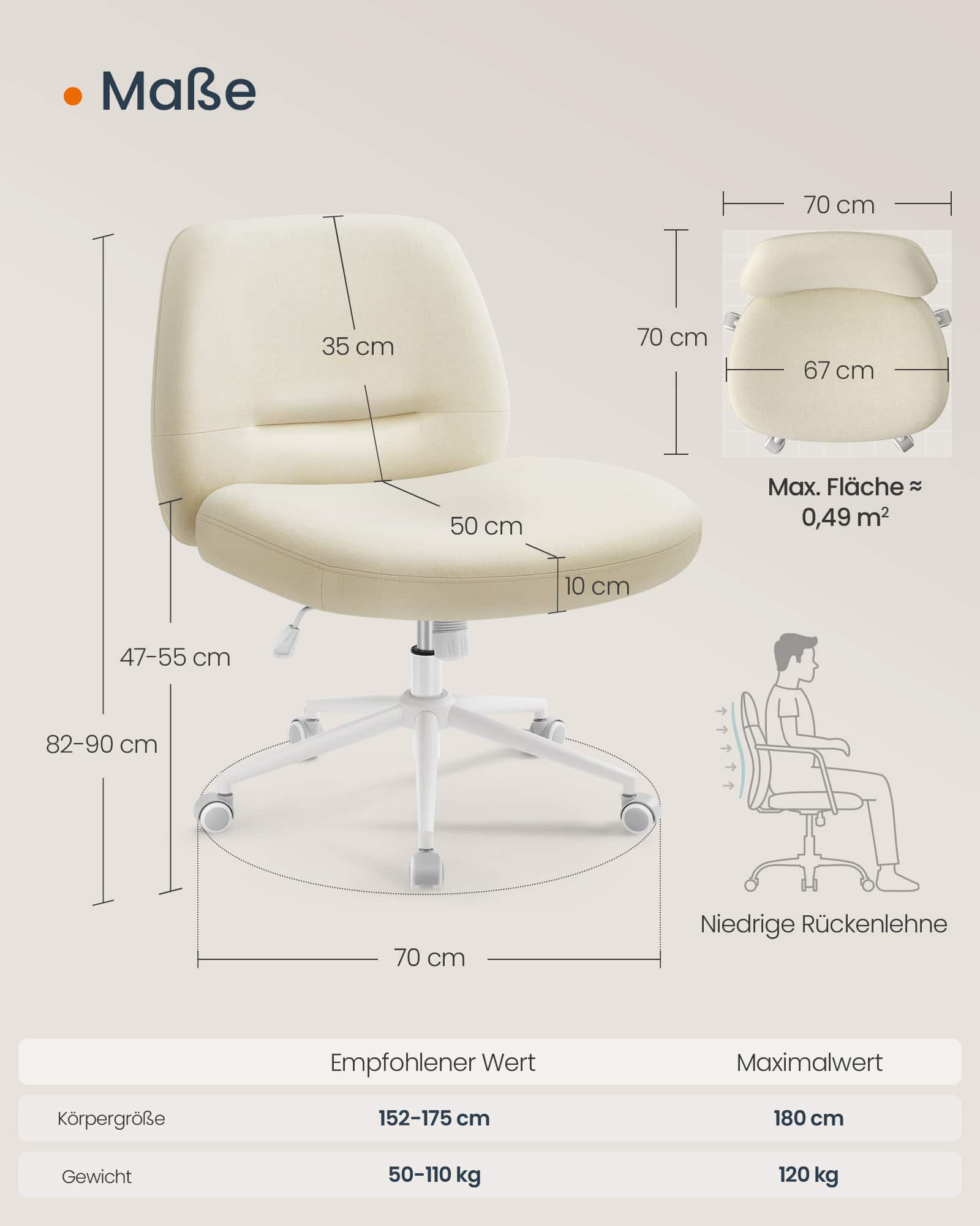 Bürostuhl mit breiter Sitzfläche und Fußkreuz beige Bürostuhl mit breiter Sitzfläche und Fußkreuz beige