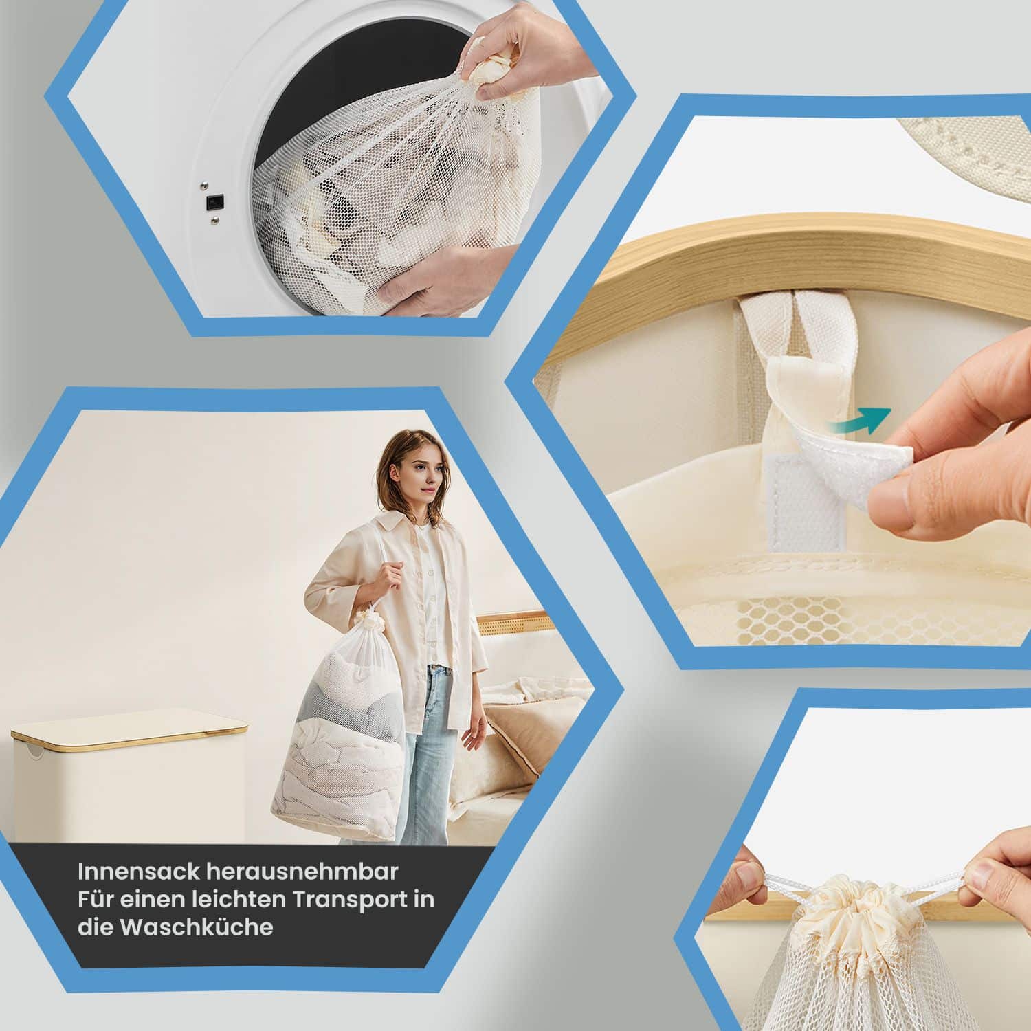 Wäschekorb 3 Fächer, Wäschesammler mit Deckel, 150 L